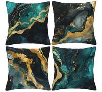 HOSTECCO Green Abstract Cushion Covers 45x45 cm Set of 4 Green and Gold Marble Print Pillow Cases Modern Decorative Patterned Pillow Covers for Sofa Couch Living Room