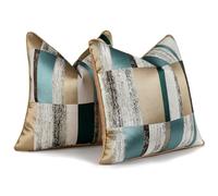 HOSTECCO Green and Gold Cushion Covers 45x45 cm Set of 2 Geometric Patchwork Cushion Cases Jacquard Decorative Pillow Covers for Sofa Couch Bed