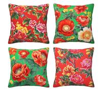 HOSTECCO Green Red Floral Cushion Covers 45x45 cm Set of 4 Peony Poppy Cushion Cases Chinoiserie Decorative Pillow Covers for Sofa Couch