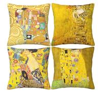 HOSTECCO Klimt Art Painting Cushion Covers 45x45 cm Pack of 4 Yellow Famous Art The Kiss Printed Pillow Covers Square Decorative Patterned Pillow Cases for Sofa Couch Bed