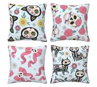 HOSTECCO Mexican Cushion Covers 45x45 cm Set of 4 Halloween Skull Floral Cushion Cases Day of The Dead Decorative Pillow Covers for Sofa Couch