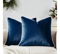 HOSTECCO Navy Blue Velvet Cushion Covers 50x50 cm with White Piping Trim, Pack of 2 Cozy Soft Scatter Cushions, Coastal Farmhouse Decorative Square Cushion Cases for Bed Couch Living Room