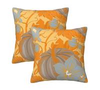 HOSTECCO Orange Fall Cushion Covers 50x50 cm Set of 2 Autumn Pumpkin Cushion Cases Floral Decorative Pillow Covers for Sofa Couch