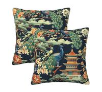 HOSTECCO Peacock Cushion Covers 45x45 cm Set of 2 Chinoiserie Floral Cushion Cases Chinese Decorative Pillow Covers for Sofa Couch