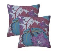 HOSTECCO Pumpkin Autumn Cushion Covers 50x50 cm Set of 2 Fall Velvet Cushion Cases Blue and Purple Floral Decorative Pillow Covers for Sofa Couch