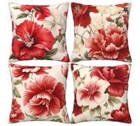 HOSTECCO Red Floral Cushion Covers 45x45 cm Set of 4 Chinoiserie Pillow Cases Hibiscus Flowers Decorative Throw Pillow Covers for Sofa Couch Living Room