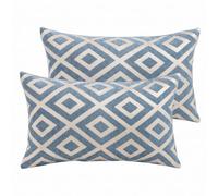 HOSTECCO Set of 2 Chenille Jacquard Oblong Cushion Covers 30x50 cm, Modern Boho Geometric Diamond Trellis Sofa Cushion Cases for Bed Living Room, Blue and Ivory