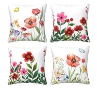 HOSTECCO Spring Floral Cushion Covers 45x45 cm Set of 4 Butterfly Cushion Cases Wildflower Farmhouse Decorative Pillow Covers for Sofa Couch