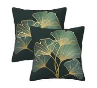 HOSTECCO Teal Leaves Cushion Covers 45x45 cm Set of 2 Dark Green Ginkgo Cushion Cases Turquoise Gold Decorative Pillow Covers for Sofa Couch