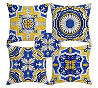 HOSTECCO Waterproof Cushion Covers 50x50 cm Set of 4 Yellow and Blue Boho Cushion Cases Portuguese Floral Decorative Pillow Covers for Patio Garden Lawn
