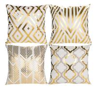 HOSTECCO White and Gold Cushion Covers 45x45 cm Pack of 4 Geometric Pillow Cases Square Modern Decorative Throw Pillow Covers for Sofa Couch Car Office