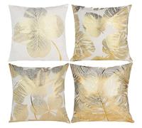 HOSTECCO White and Gold Cushion Covers 45x45 cm Pack of 4 Tropical Leaf Botanical Pillow Cases Modern Decorative Throw Pillow Covers for Sofa Couch Living Room Decor