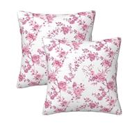 HOSTECCO White and Pink Flowers Cushion Covers 45x45 cm Pack of 2 Toile Floral Cushion Cases Rustic Chinoiserie Velvet Decorative Pillow Covers for Sofa Couch Bed