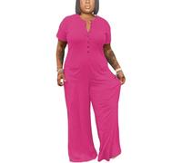 Hostoyo Plus Size Jumpsuits for Women Casual Wide Leg Crew Neck Short Sleeve Long Pants Romper With Pockets, 435 Rose Red, 4XL