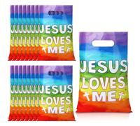 Hosuly 100 Pcs Jesus Loves Me Gift Bags Easter Plastic Goody Bags with Handles Religious Christian Cross Candy Treat Gifts for VBS Church Party Supplies Party Favor Decoration