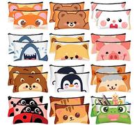 Hosuly 24 Pcs Bulk Cartoon Zipper Pencil Case Pouch Cute Cartoon Animal Pen Bag Multicolored Cat Bear Shark Bunny Canvas Pencil Pouch Organizer for Boy Girl Stationary Storage School