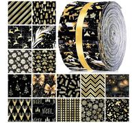 Hosuly 40 Pcs Christmas Fabric Patchwork Roll Black and Gold Quilting Fabric Roll up Xmas Snowflake Fabric Quilting Strips 2.55 Inch Precut Patchwork Roll for Craft Sewing DIY Crafts