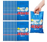 Hosuly 50 Pieces HAPPY BIRTHDAY JESUS Gift Bags, Christmas Plastic Goodie Bags, Christian Religious Treat with Handles for Christmas Party Supplies