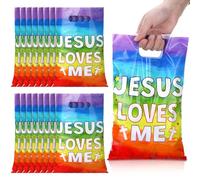 Hosuly 50 Pieces Jesus Loves Me Gift Bags Bulk Christian Jesus Easter Plastic Goody Bags with Handles Religious Cross Candy Treat Gifts for VBS Church Party Supplies Party Favor Decoration