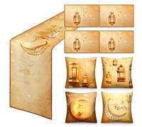 Hosuly 9 Pack Ramadan Party Decorations Set, 1 Pc Eid Mubarak Table Runner 4 Pcs Ramadan Placemat 4 Pcs Pillow Cover Eid al Fitr Table Decor Decoration Star Moon Lantern Decor Set for Home
