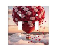 Hot Air Balloon Double Light Switch Cover Plate, Romantic Fanciful Roses Clouds Spring Red Plastic Standard Size Decorative Wall Plates for Living Room Bedroom Home Office Decor