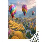 Hot Air Balloon Floating over Golden Rice Fields Jigsaw Puzzles for Adults And Kids. 1000 Pieces Rural Scene Whimsical Challenge Toy Educational Game Home Decor 38x26cm/1000pcs