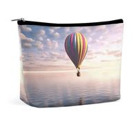Hot Air Balloon Over The Sea Makeup Bag, Portable PU Leather Cosmetic Bag with Zipper Pouch, Waterproof Travel Toiletry Bag for Women Men