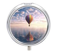 Hot Air Balloon Over The Sea Pill Box 3 Compartment Travel Pill Organizer 3 Times A Day Cute Mini Pill Case for Purse & Pocket Portable Metal Medicine Box with Mirror Round Daily Medicine Vitamin Cont