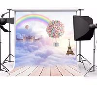 Hot Air Balloon Photography Backdrop Heavenly Rainbow Eiffel Tower Background Sky Clouds Wooden Floor Girl Baby Shower Poster 300x200CM