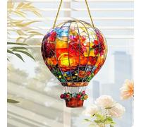 Hot Air Balloon Solar Garden Light, Hot Air Balloon Stained Sun Catcher, Flame Effect Solar Lantern for Outdoor Hanging Garden Ornaments, Colourful SolarLight for Yards