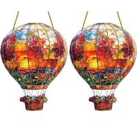 Hot Air Balloon Solar Garden Light, Stained Sun Catcher Hot Air Balloon, Flame Effect Solar Lanterns for The Garden Ornaments, Hanging Acrylic Solars Lanterns for Window (2PC)
