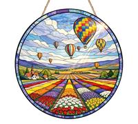 Hot Air Balloon Sun Catcher, Rustic Stained Glass Style Sun Catchers for Windows, Acrylic Farm Suncatcher, Flower Field Hanging Ornament for Garden, Balcony and Home Decor