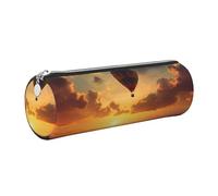 Hot Air Balloon Sunset Printed Cylindrical Leather Pencil Case for Girls Boys, Silver Zipper Pencil Bag Pen Pouch Organizer for Student School Office College