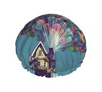 Hot Air Balloon Take Wooden House Fly The Blue Sky Printing Shower Cap Elastic Reusable Women Bathing Hair Cap Double Layer Waterproof Shower Cap,For Ladies Spa Salon