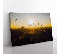 Hot Air Balloons Over Bagan In Myanmar Modern Art Canvas Wall Art Print Ready to Hang, Framed Picture for Living Room Bedroom Home Office Décor, 76x50 cm (30x20 Inch)