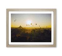 Hot Air Balloons Over Bagan In Myanmar Modern Art Framed Print | A4 Oak Framed Wall Art | Ready to Hang | Modern Nature Picture | Living Room Bedroom Lounge Office