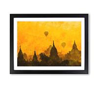 Hot Air Balloons Over Old Bagan Painting Modern Art Framed Wall Art Print, Ready to Hang Picture for Living Room Bedroom Home Office Décor, Black A4 (34 x 25 cm)