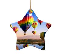 Hot Air Balloons -Print Ceramic Star Shaped Pendants - Handmade Porcelain Ornaments Gold String For Christmas Home Decor.