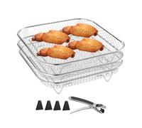 Hot Air Fryer Rack - 3 x Stackable Grill Basket, Stainless Steel Kitchen Stand, Air Fryer Cooking Rack, Dehydrator for Grilling, Steamer, Oven, Includes Grab Clip