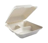 HOT BARGAINS 100 Pack 3-Compartment Bagasse Lunch Box, 8 inch (205 x 205 x 68mm), White Biodegradable Food Containers