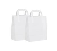 HOT BARGAINS 100 Small White Paper Bags with Flat Handle, SOS Takeaway Carrier, 100% Recyclable, Eco-Friendly Shopping Bags (19 x 8 x 25 cm)