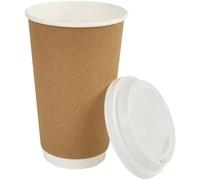 HOT BARGAINS, 100 X 16oz Brown Insulated Takeaway Disposable Double Wall Paper Coffee and Cold Drinks Cups to Go with White/Black Lids [ 16 oz 100 Brown Cups + Free Lids ]