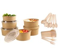 HOT BARGAINS 100 X 38oz Disposable Salad Bowls with Lids + 100 X Forks + 100 X Spoons Wooden Takeaway Eco Friendly (38oz / 1100ml)