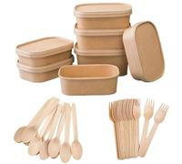 HOT BARGAINS 100 X 500ml Kraft Paper Disposable Container & Paper Lids With 100 Fork & 100 Spoon, (500ml)