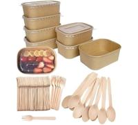 HOT BARGAINS 100 X 650ml Kraft Food Containers With Plastic Lids + 100 Spoons + 100 Forks For Takeaway Eco Friendly (650ml)