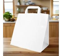 HOT BARGAINS 100 X Extra Large White Paper Bags with Flat Handle - SOS Takeaway Carrier, 100% Recyclable, Eco-Friendly Shopping & Takeaway Bags, Strong & Durable (100, Extra Large)