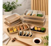 HOT BARGAINS 100 x No.1 (16 x 9.1 x 2.4 cm) Kraft Paper Sushi Tray with Reusable Clear Lids | Leak-Resistant Takeaway Container for Bento Salads & Dessert Food Boxes