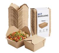 HOT BARGAINS 100 X No.1 / 750ml Takeaway Food Snack Boxes Cardboard Leak Proof Design Biodegradable Kraft Food Containers (130/112x106/90x65mm-750ml/26oz) (100)