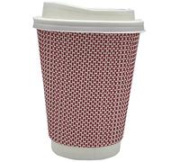 HOT BARGAINS 12oz Disposable Coffee Cups, 360ml Triple Layered Recyclable Paper Cups with Reusable Lids for hot and Cold Drinks, red and White Ripple Design, 50 Count