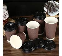 HOT BARGAINS 12oz Disposable Coffee Cups with Reusable lids, 360ml Triple Layered Kraft Paper Cups, Brown and White Ripple Design, 100 Count